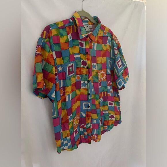 Vintage Jonathan Martin 100% Silk Button Down Short Sleeve Sun Stars M - Picture 2 of 5